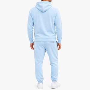 Men's Light Blue Hooded Tracksuit Full Zip Sweatshirt and Pants <b>Set</b> Casual Solid Color 100% Cotton Breathable Spring Wear - Product Image 3