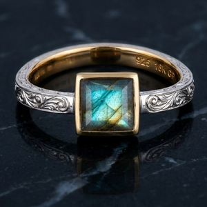 Anillo de Labradorita Cuadrada Chapado en Oro de 18K y Plata de Ley 925 de 10 mm, Anillo Elegante con Piedra Preciosa, Talla US 6, Joyería Vintage - Product Image 4