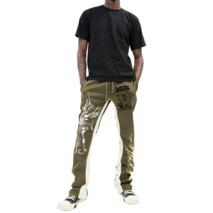 Men's Olive Green Printed Sweatpants With <b>White</b> Graphic Side Stripe Elastic Waist Street Style <b>Joggers</b> - Product Image 1