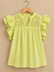 Chemisier en coton vert citron pour femme avec manches à volants et broderie, col en V, coupe décontractée ample, haut printemps-été - Product Image 1