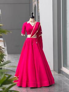 Blusa de seda romana con diseño de espejo real y bordado Kodi, completamente cosida, con lehenga de seda romana y conjunto de dupatta, también completamente cosidos. - Product Image 2