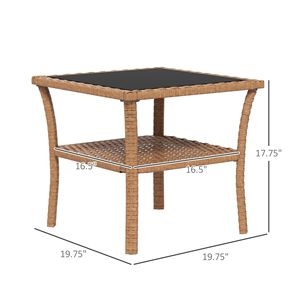 Marco de aluminio para exteriores, estante de almacenamiento de 2 niveles, mesa lateral cuadrada, mesa de centro de mimbre superior de vidrio templado, muebles de ratán para Patio, arena - Product Image 3