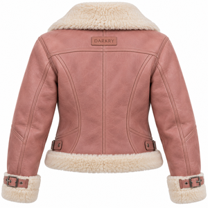 <b>Womens</b> Pink Shearling Leather Jacket Winter Warm Faux <b>Fur</b> <b>Lined</b> <b>Coat</b> Belted Collar Cuff Motorcycle Outerwear Ladies Stylish - Product Image 2