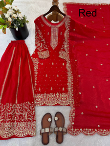 Kurta/Kurti de Seda Fendy Cosida para Mujer, Bordado Indio, Tradicional, Étnico, Corte Ajustado, Sin Arrugas, Protección Solar, para Fiestas, Invierno - Product Image 2