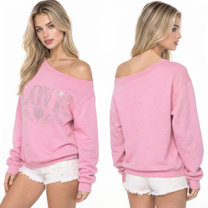 Custom Rhinestone Printed <b>Off</b> <b>Shoulder</b> Sweatshirt Oversized Women Causal Winter Wear <b>Top</b> Cotton Fleece Collarless Tee <b>Top</b> - Product Image 4
