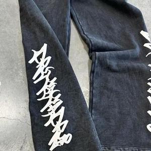 Conjunto de sudadera y pantalones acampanados de poliéster, talla grande, estilo streetwear, negro, con lavado ácido, cremallera completa, vintage, desgastado y con lavado a la piedra, para verano - Product Image 4