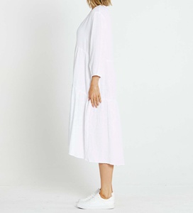 Robe longue décontractée à volants en lin et coton, col en V, coupe trapèze, manches 3/4 personnalisées, style estival naturel - Product Image 4