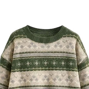 Cardigan Vert Tricoté pour Femme, Col en V, Manches Longues Bouffantes, Motif Floral, Décontracté, Respirant, Style Vintage, Idéal Été - Product Image 4