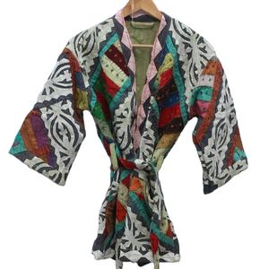 Indian Handmade <b>Kantha</b> Quilted <b>Jacket</b> with Assorted Patchwork & Color Embroidery Cut Work Kimono Letter Pattern <b>Jacket</b> - Product Image 1