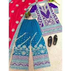 Designer Georgette Séquence Broderie Travail Style Indien Top Palazzo avec Dupatta Violet - Product Image 5
