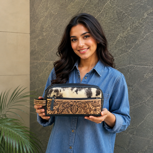 Wholesale High Quality Hand Tooled Leather Toiletry Organizer Women Travel Cosmetic Cowhide Leather Makeup Bags With Handle - Product Image 3