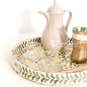 Mosaic Inlaid <b>Tray</b>, Round Mother of Pearl Inlaid Serving <b>Tray</b>, Luxury Blue Teardrop & Leaf Pattern Decorative <b>Tray</b> with Handles - Product Image 5