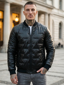 Men's Black PU Bomber <b>Jacket</b> Windproof Zipper Closure Padded Winter Moto Style Thick Solid Color Regular Fit - Product Image 5