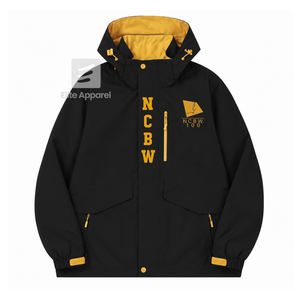 Custom NCBW Coalition Windproof <b>Rain</b> <b>Jacket</b> <b>Black</b> and Gold Polyester Full Sleeve Zipper Front Embroidered Logo - Product Image 1