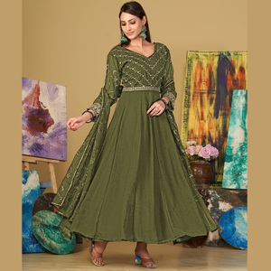 Women's Elegant <b>Light</b> Green Anarkali Suit Georgette Crepe 3/4 Sleeves Semi-Stitched for Festive Occasions Available at Low Price - Product Image 1