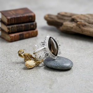 Natural Smoky Quartz Marquise Gemstone <b>Ring</b> Silver Plated Brass Vintage <b>Statement</b> <b>Ring</b> Wholesale Jewelry - Product Image 1