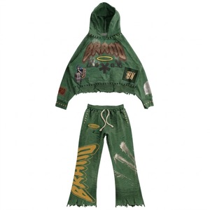 Conjunto de Chándal de Dos Piezas Personalizado para Hombre: Sudadera Corta Desgastada y Pantalones Acampanados de Felpa de Algodón Pesado - Product Image 4
