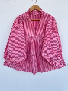 Women’s Pink and <b>White</b> Striped Cotton Babydoll Blouse with <b>Balloon</b> Sleeves, V-Neck and Gathered Waist – Custom OEM Private Label - Product Image 1