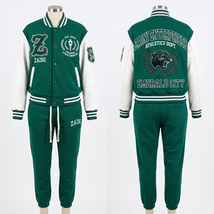 340 GSM Heavyweight Cotton Polyester Fleece Varsity Tracksuit Green White Panel Custom <b>Embroidery</b> Logo OEM - Product Image 1
