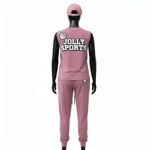 Ensemble jogging sans manches pour femme, t-shirt en coton polaire respirant et doux, 240 GSM, rose, logo personnalisé, ensembles pour femmes - Product Image 2