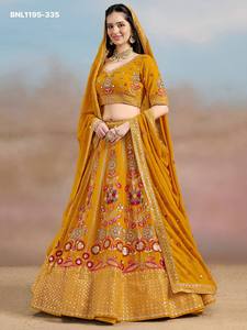 <b>Top</b> Quality Georgette with Floral Embroidery work & Panel Style & Semi-Stitched Sunlit Mustard Lehenga-Choli Set Indian Exporter - Product Image 3