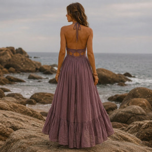 Robe longue maxi pour femme, style bralette, à découpes, en polyester et élasthanne, tissée, respirante, anti-boulochage - Product Image 2
