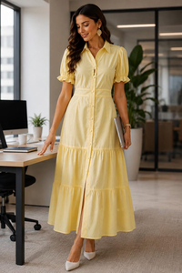 Yellow Cotton Shirt <b>Dress</b>, Short <b>Sleeve</b> Tiered <b>Tunic</b>, Beach Vacation Style - Product Image 3