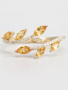 Gold Plated Leaf Design Open <b>Ring</b> with Yellow <b>Crystal</b> Stones Adjustable Fashion <b>Ring</b> Elegant Jewelry for Women - Product Image 1