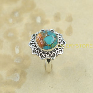 Natural Orange Blue Copper Turquoise 925 Sterling <b>Silver</b> Handmade Vintage Floral <b>Statement</b> <b>Ring</b> Boho Artisan Jewelry Gift women - Product Image 6