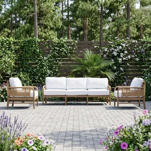 Bale Living Outdoor <b>Garden</b> Sofa <b>Set</b> Three Seat Quick-Dry & Waterproof Cushions Modern Wood Design - Product Image 2