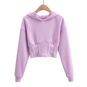 เสื้อฮู้ดครอปผู้หญิง OEM ODM แขนยาว สีพื้น ผ้าถักโพลีเอสเตอร์ ระบายอากาศได้ดี มีซับใน มีกระเป๋า เหมาะสำหรับฤดูหนาว - Product Image 2