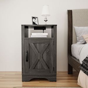 Dark Gray <b>Rustic</b> Wooden Farmhouse Nightstand Tall <b>Bedside</b> End <b>Table</b> with Electrical Outlets and Charging Station - Product Image 6