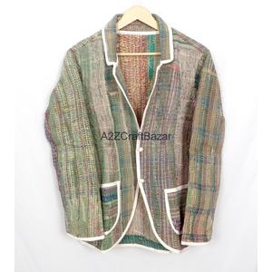 Indian Bohemian <b>Kantha</b> Breathable Eco-Friendly Reversible Long Coat for Ladies Knitted Cotton Autumn Winter Trench <b>Jacket</b> - Product Image 5