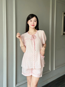 Women's <b>linen</b> home wear set with bow print B772 sweat absorbent good price - Product Image 5