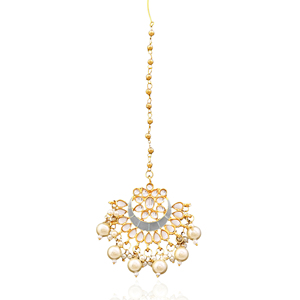 Ethnic Gold Plated Kundan Tikka With Pearls And <b>Mirror</b> Work Handmade Forehead Jewelry For Wedding - Product Image 3