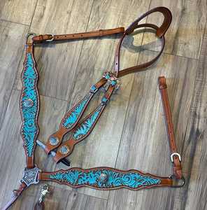 Ensemble de sellerie western de qualité supérieure en cuir véritable, avec têtière et collier de poitrage, garniture à points de boutonnière, pour usage équestre - Product Image 1