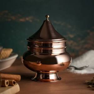 โถเก็บของทองแดงทำมือพร้อมฝาปิด ลายดอกไม้แบบมีนาคารี งานฝีมือประดับตกแต่ง ของขวัญ ภาชนะตกแต่งบ้าน - Product Image 1