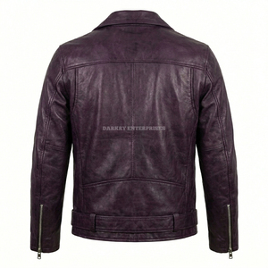 Blouson de motard en cuir violet personnalisé pour homme, manteau en peau de mouton véritable vieilli, fermeture éclair asymétrique, fournisseur de vêtements de moto en gros - Product Image 2