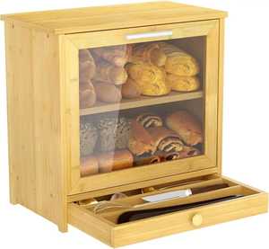 2 Tier Dark Wood Bread Box with Fluted Acrylic Glass Doors - <b>Double</b> Layer Countertop Bread Keeper Organizer <b>Bin</b> for Kitchen - Product Image 4