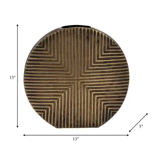 Vase en céramique moderne de 13 pouces, rond, sculpté à la main, design géométrique, décoration intérieure pour fleurs ou plantes vertes - Product Image 1