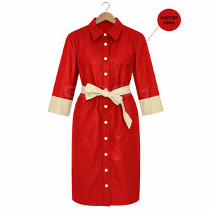 Robe chemise rouge en similicuir Cosh International Sorority Sisterhood avec poignets contrastants crème et ceinture ajustée, longueur genou - Product Image 1