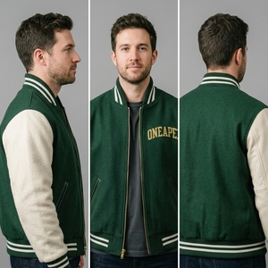Chaqueta de Lana Verde para Hombre con Mangas Crema, Cuello y Puños de Punto Acanalado, Cierre Frontal Completo, Estilo Casual Urbano Premium, Chaqueta Personalizada de Dos Tonos a la Moda - Product Image 5