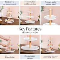 Support à gâteau en céramique blanche à 3 niveaux avec pilier en bois, plateau de présentation de desserts en porcelaine ronde, plateau de service à étages pour le thé