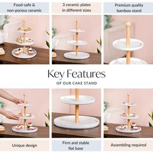 3 Tier White Ceramic <b>Cake</b> <b>Stand</b> With Wooden Pillar Round Porcelain Dessert Display Tray <b>Tiered</b> Serving Platter for Tea Party - Product Image 6