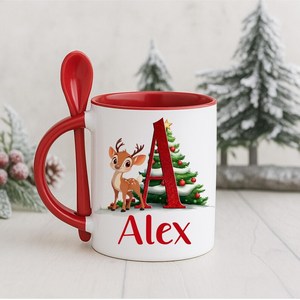 Custom Name Initial <b>Christmas</b> Porcelain Coffee Mug with Spoon Dishwasher & Microwave Safe Cute Design Red White Holiday <b>Gift</b> <b>Box</b> - Product Image 2