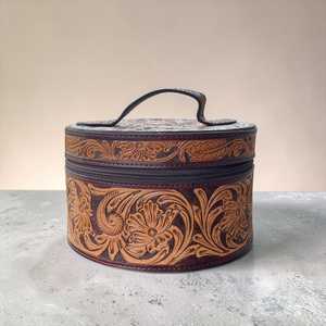 Vintage Genuine Leather Hand Tooling Eco-Friendly Fashion Jewelry Case with Zipper Closure for Storage Travel Durable Round Box - Product Image 2