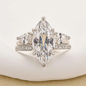 925 Moissanite Marquise Cut Hidden Halo Engagement <b>Ring</b> with Pear Cut <b>Open</b> Wedding Band in Yellow & White Gold Plated for Women - Product Image 4