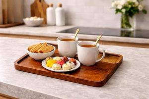 Plateau de service en bois artisanal avec bord surélevé, grand plateau rectangulaire pour servir les aliments, bois brun rustique, petit-déjeuner, collation, dîner - Product Image 4