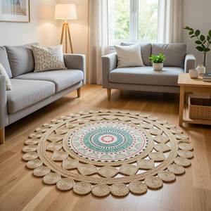 Alfombra Redonda de Yute con Medallón Bohemio, Hecha a Mano, Antideslizante, de Pelo Corto, para Sala de Estar, Decoración del Hogar - Product Image 1