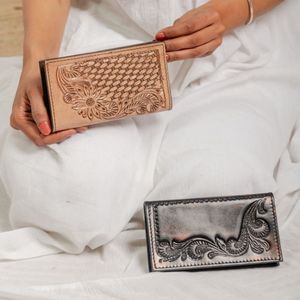 Trendy Designer Handmade High Quality Western Genuine Leather <b>Wallet</b> Floral Pattern Vintage Tooled Bohemian Ethnic Women <b>Wallet</b> - Product Image 4